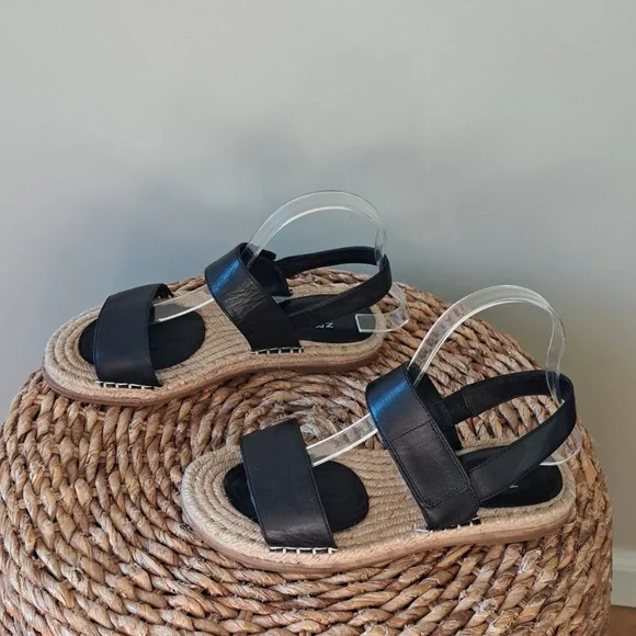 Eileen Fisher Womens Max Black Leather Washed Espadrille Flat Strap Sandals 7.5 - Picture 2 of 8